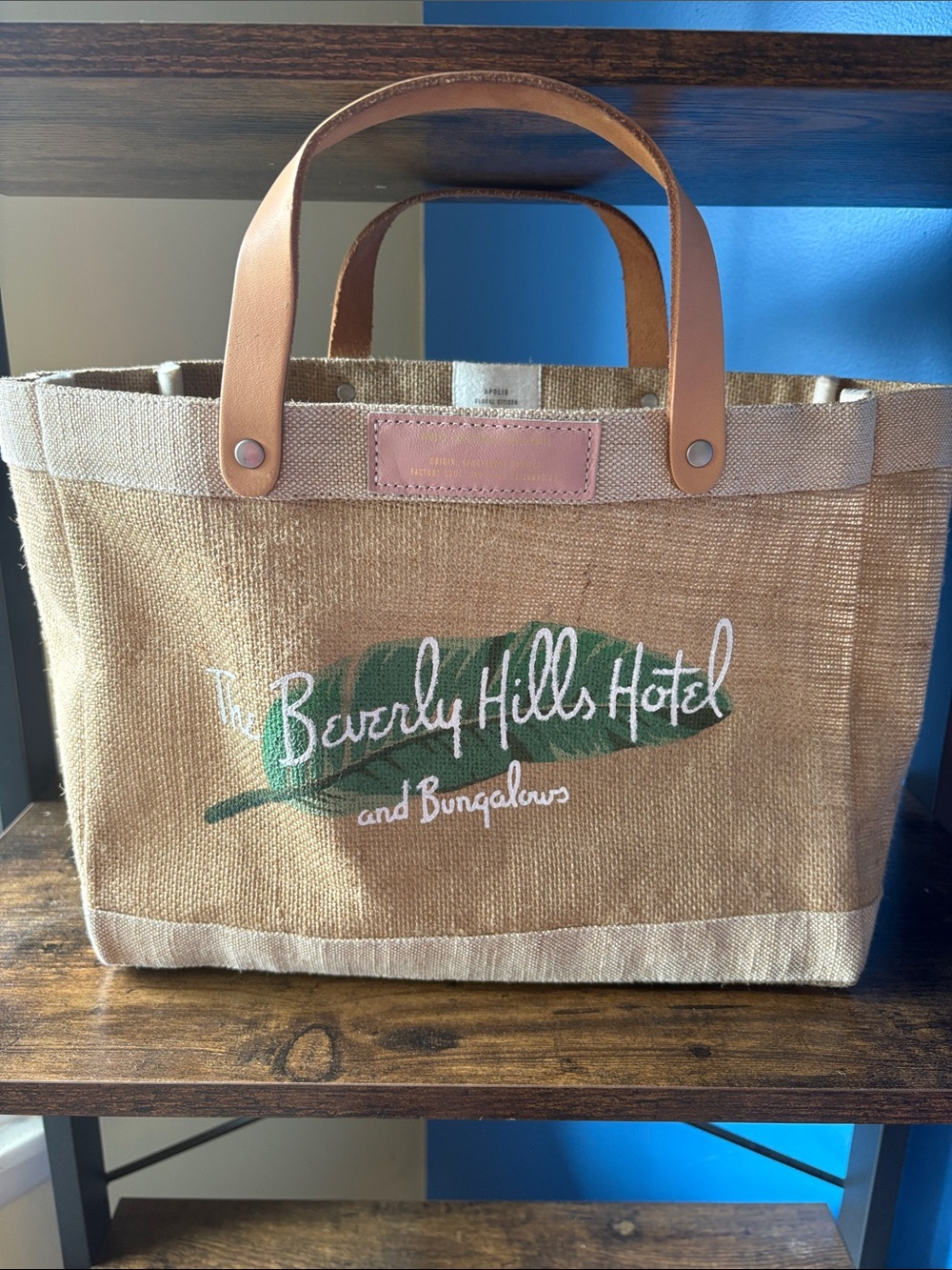 Beverly Hills Hotel Jute Tote in Tan with Green Leaf Graphic